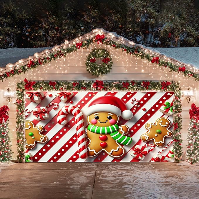 HOMETITUTE Christmas Garage Door Banner 13x6ft Gingerbread Man Candy Cane Theme Backdrop Banners for Outside Inside Winter Door Cover Garage Wall Covering for Party Garage Decorations