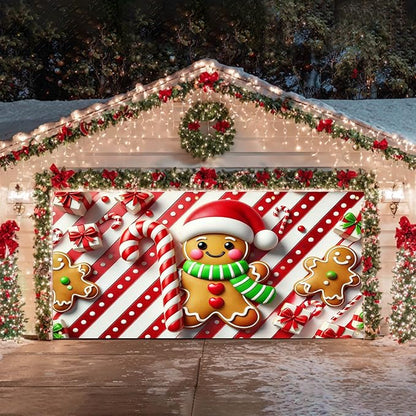 HOMETITUTE Christmas Garage Door Banner 13x6ft Gingerbread Man Candy Cane Theme Backdrop Banners for Outside Inside Winter Door Cover Garage Wall Covering for Party Garage Decorations