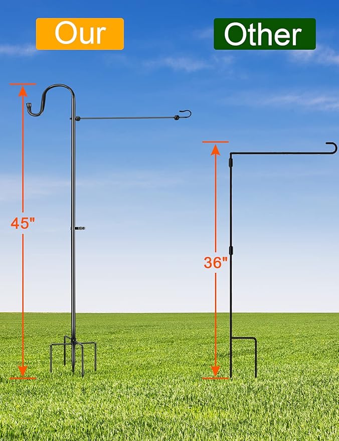 LOPANNY Garden Flag Stand - Upgraded Garden Flag Pole with Shepherd Hooks for 12 x 18" Flag, 45IN Yard Flag Holder Stand for Small Flags(Without Solar Lights & Flag)
