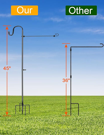 LOPANNY Garden Flag Stand - Upgraded Garden Flag Pole with Shepherd Hooks for 12 x 18" Flag, 45IN Yard Flag Holder Stand for Small Flags(Without Solar Lights & Flag)