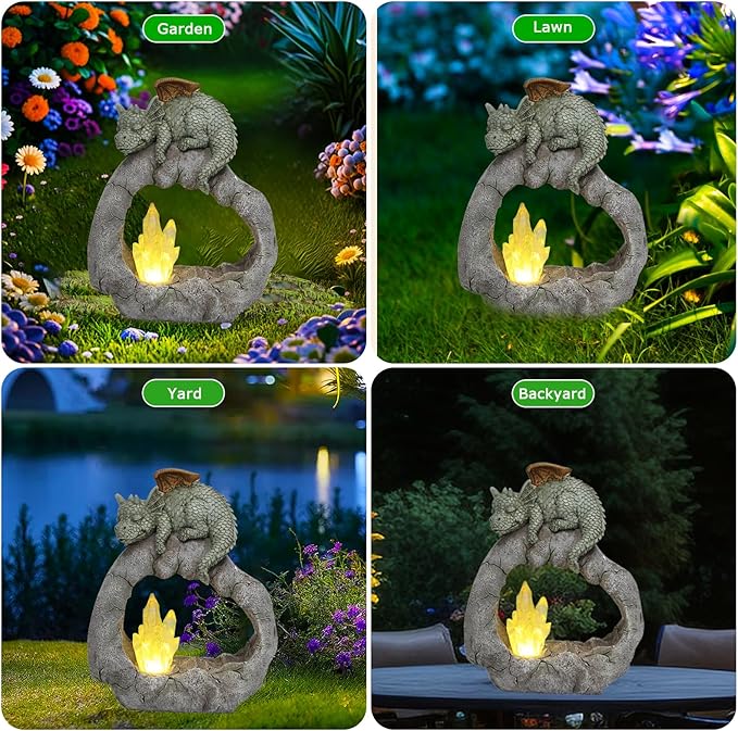 VEEKI Solar Dragon Garden Statues Outdoor, Resin Dragon Statue Solar Figurine Lights Outdoor Waterproof, Solar Sculpture Dragon Decor for Garden Yard Patio, Dragon Gifts for Mom Grandma Women
