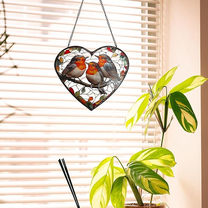 Birds Stained Glass Window Hanging, Sun Catchers Indoor Outdoor Window Hanging, Heart Suncatcher 7.9 Inch Glass Panel with Metal Chain and Hooks, Bird Decor for Home, Garden