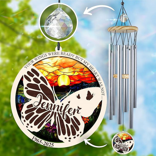 Personalized Butterfly Wind Chimes for Outside, Custom Crystal Your Wings were Ready But My Heart was Not Ornament, Sympathy Gifts for Loss of Loved One, Memorial Windchimes for Garden Décor