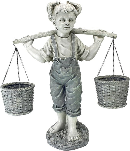 Design Toscano Flowers for Felicity Little Girl Garden Statue with Basket Planters, Medium, 25 Inches Tall, Cast Stone Resin, Two Tone Stone Finish