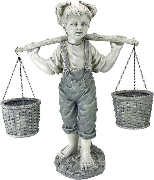 Design Toscano Flowers for Felicity Little Girl Garden Statue with Basket Planters, Medium, 25 Inches Tall, Cast Stone Resin, Two Tone Stone Finish