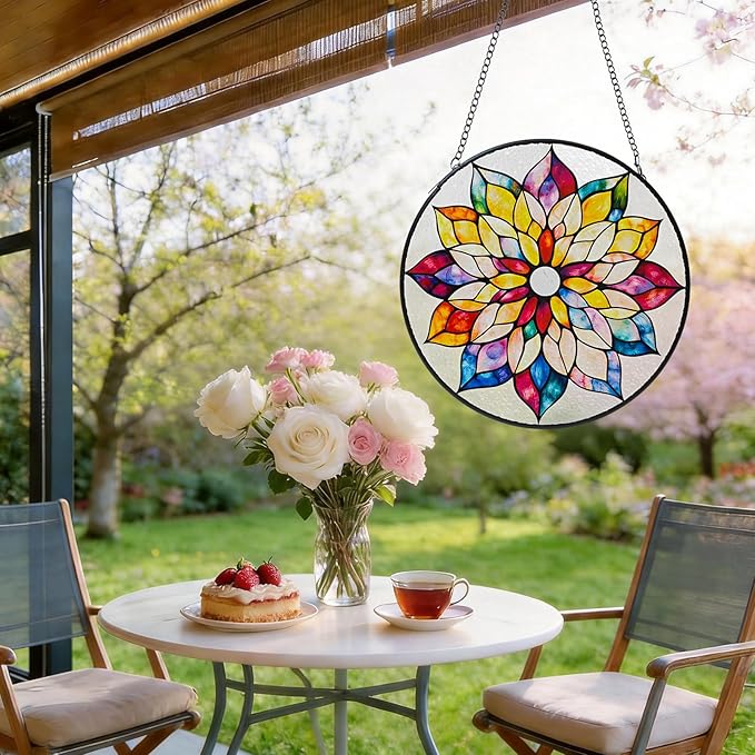 8'' Colorful Mandala Stained Glass Window Hanging, Suncatcher for Window Decor, Stained Glass Sun Catchers, Gifts for Women, Flower Lover, Christmas, Mother's Day, Birthdays