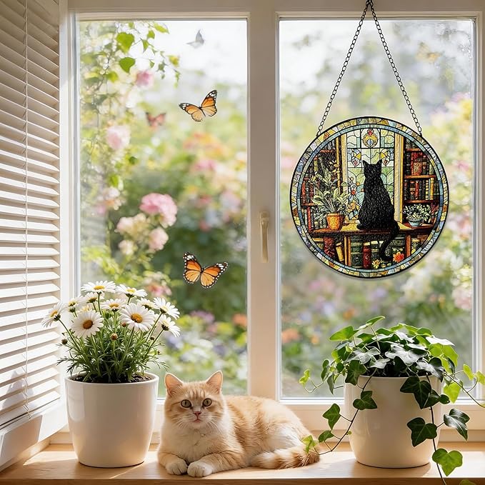 Stained Glass Window Hanging, 8 Inch Black Cat Suncatcher, Sun Catchers Indoor Window, Book Suncatchers for Windows Hanging, Spring Home Garden Librarian Decor Panel, Book Lover Gifts for Women Men