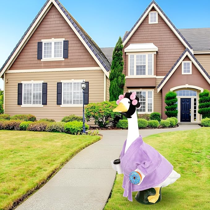 Porch Goose Outfits for 23 Inches Lawn Goose Statue, Purple Bathrobe Clothes with Hair Curlers, Coffee Cup & Donut Accessories for Funny Spa Yard Garden Patio Decor