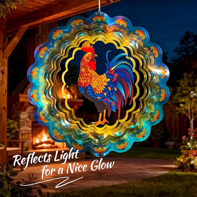 Stainless Steel 3D Chicken Wind Spinner Garden Yard Patio Porch Decor, Birthday Gifts for Women Mom Grandma, 12 Inch Hanging Rooster Wind Spinners Outdoor Chicken Coop Decoration