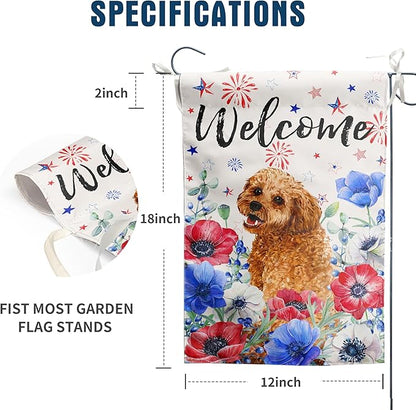 4th of July Golden Doodle Garden Flag Red White Blue Floral Dog Yard Flags Small Memorial Independence Day Banner 12x18 Double Sided for Outside Outdoor Patriotic Decor