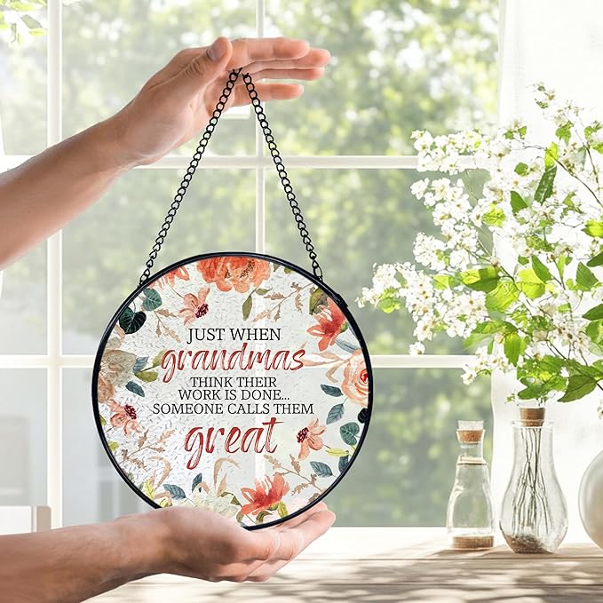 Great Grandma Flower Suncatchers Stained Glass Window Hanging, Great Grandma Gifts Sun Catchers Indoor Window Glass Round Wall Decor, 7.9x7.9in