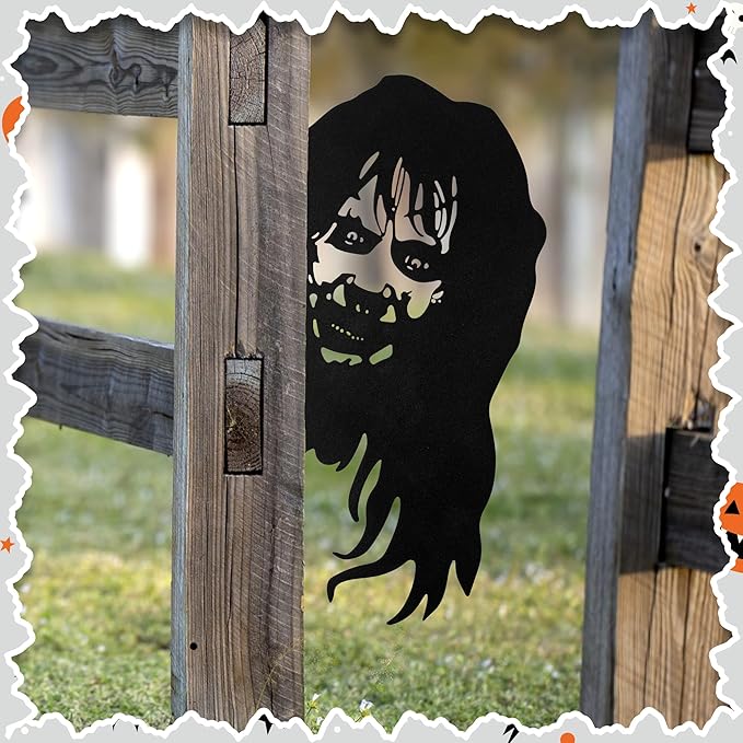 Metal Garden Fence Decor - Double Sided Black Yard Art, Weatherproof Garden Sculptures for Outdoor Patio, Farmhouse Fence Halloween Spooky Decor, Backyard Ornaments for Lawn (Witch)