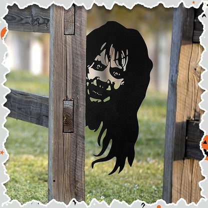 Metal Garden Fence Decor - Double Sided Black Yard Art, Weatherproof Garden Sculptures for Outdoor Patio, Farmhouse Fence Halloween Spooky Decor, Backyard Ornaments for Lawn (Witch)