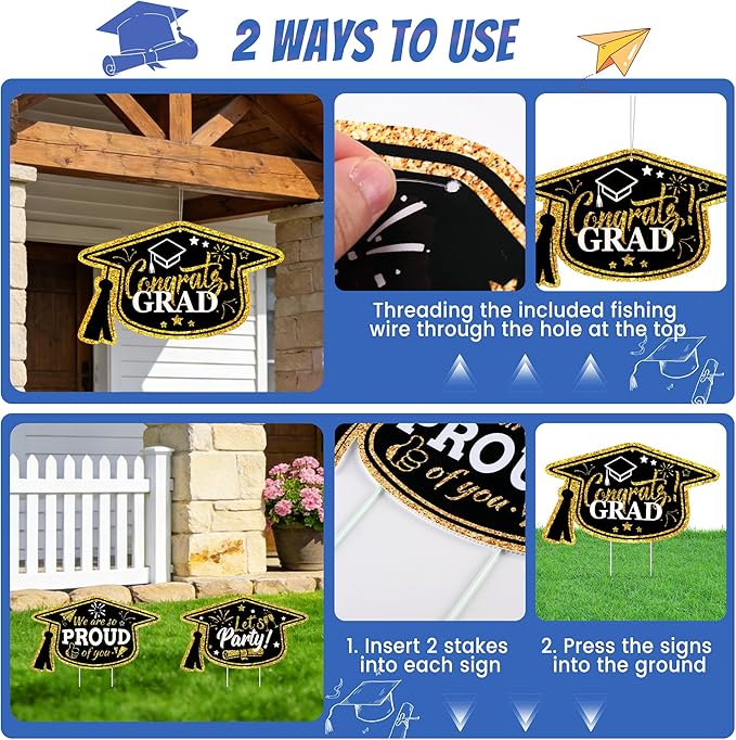 13Pcs Graduation Yard Signs Class of 2026 Large Congrats Grad Sign with Stakes & String Hanging Graduation Decorations for Indoor Outdoor Yard Lawn Porch School (Gold)