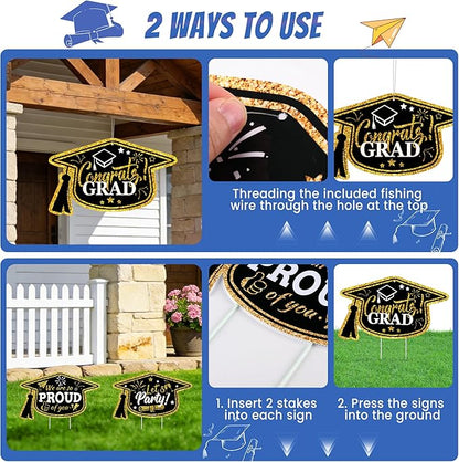 13Pcs Graduation Yard Signs Class of 2026 Large Congrats Grad Sign with Stakes & String Hanging Graduation Decorations for Indoor Outdoor Yard Lawn Porch School (Gold)