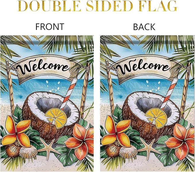 Welcome Coconut Drink Garden Flag Tropical Beach Palm Leaves Ocean Outdoor Yard Porch Lawn Garden Decor for Summer Seaside Patio Coastal Farmhouse Seasonal Home Display