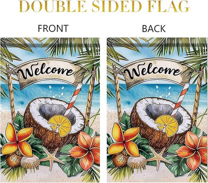 Welcome Coconut Drink Garden Flag Tropical Beach Palm Leaves Ocean Outdoor Yard Porch Lawn Garden Decor for Summer Seaside Patio Coastal Farmhouse Seasonal Home Display