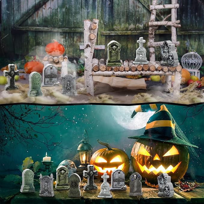 Kathfly 9 Pieces Miniature Tombstones Mini Village Tombstones Figurines Miniature Spooky Town for DIY Crafts Outdoor Home Garden Halloween Decor