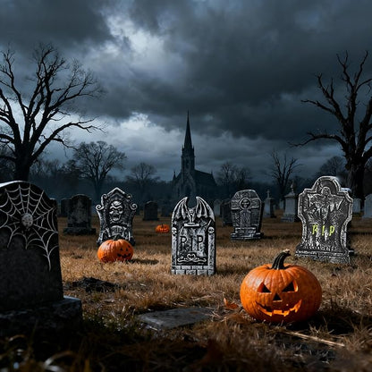 LUKBERA 5Pcs 17" Halloween Foam Tombstones, RIP Graveyard Tombstones with Bonus Metal Stakes Decorations for Halloween Lawn Yard Outdoor, Haunted House Decor