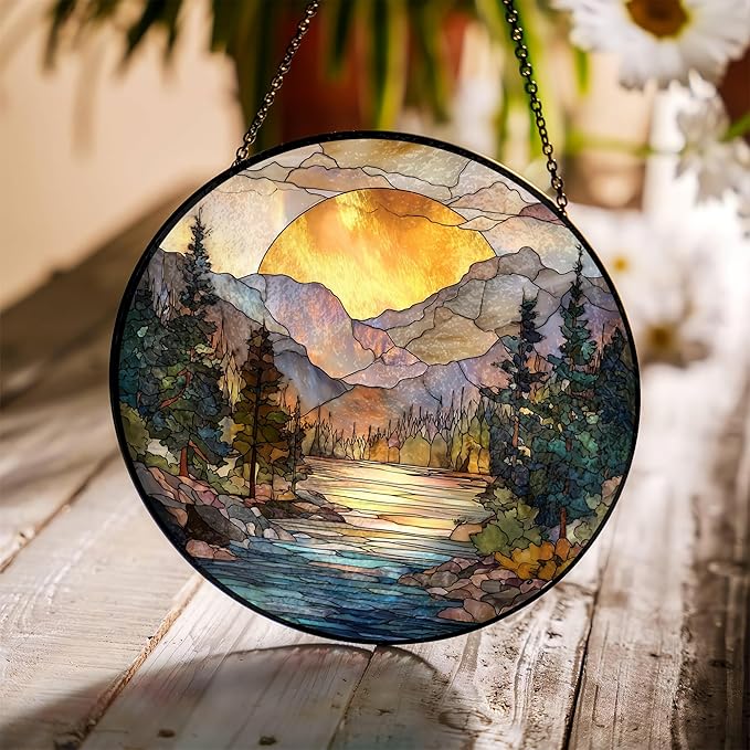 7.8" Mountain Range Suncatcher Stained Glass Window Hanging Sunset Sun Catcher Lake River Ornaments Wall Art Home Garden Room Decor Birthday for Nature Lovers Women Mom