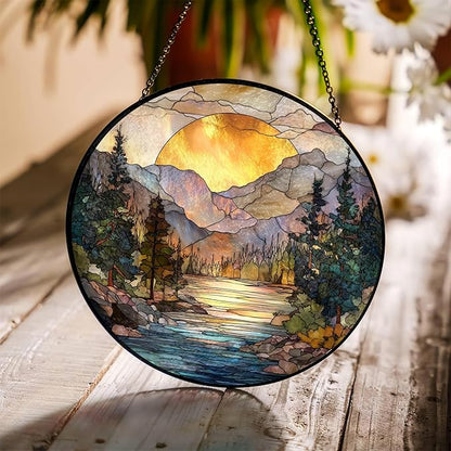7.8" Mountain Range Suncatcher Stained Glass Window Hanging Sunset Sun Catcher Lake River Ornaments Wall Art Home Garden Room Decor Birthday for Nature Lovers Women Mom