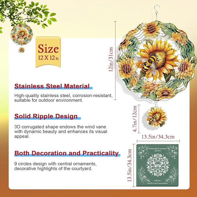 Rngmsi Wind Spinners Outdoor Garden Decor for Outside, 3D Metal Sunflower and Bee Wind Spinner Hanging Decor Kinetic Art for Yard, 12 in Stainless Steel Hanging Gifts for Women Housewarming