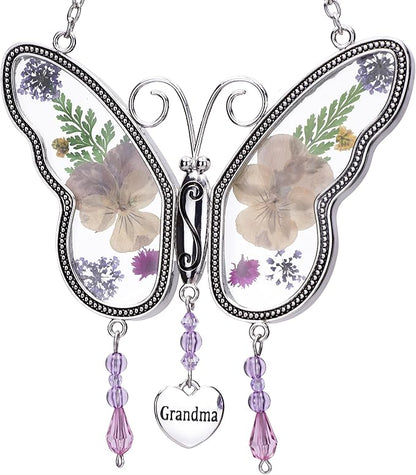 Laraine Butterfly Suncatcher with Pressed Colourful Flower Wings Mom Mother's Day Butterfly Glass Wind Chime Ornament Charm with Metal Heart Gifts for Mom Grandma Birthday (Yellow Grandma)