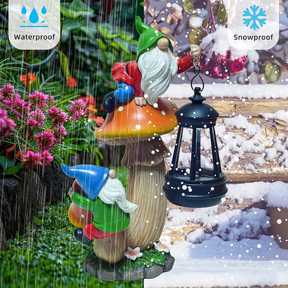 YUETJIN Funny Garden Gnomes Outdoor Climbing on Mushroom with Holding a Solar LED Lantern Resin Mushroom Statue for Patio Yard Lawn Porch Decor