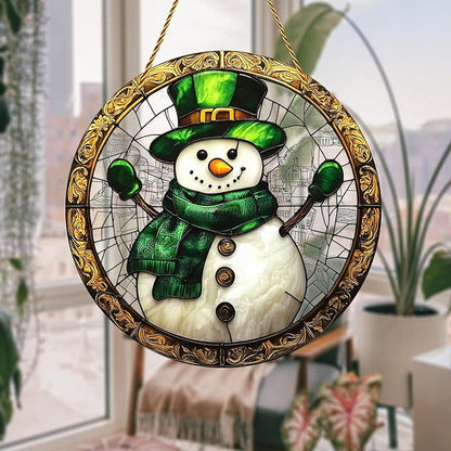 8x8 inch Charming Christmas Snowman Acrylic Stained Glass Window Hanging Sun Catcher Decor Stained Panel Hangings Wall Art Decor, for Friends and Family (Snowman)