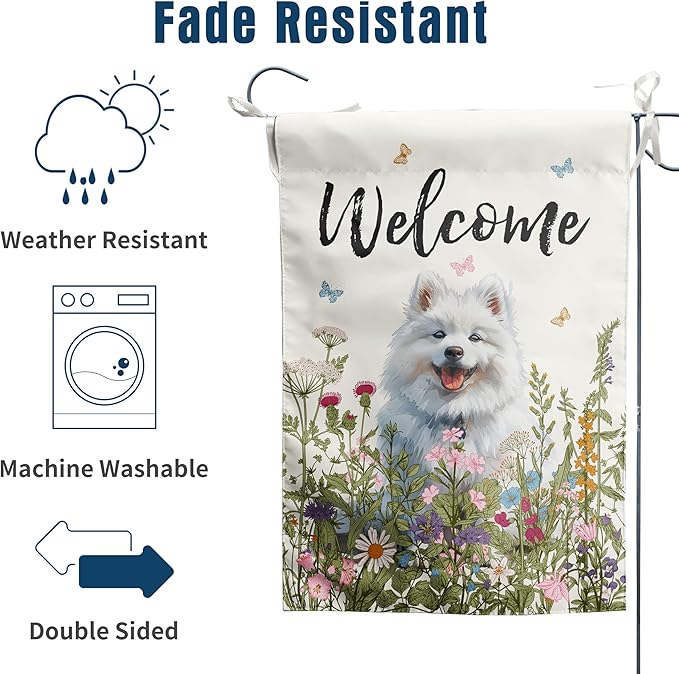 Floral Samoyed Garden Flag Spring Summer Yard Flag Flower Dog Garden Flags for Outside Small Outdoor Welcome Flags 12x18 Double Sided