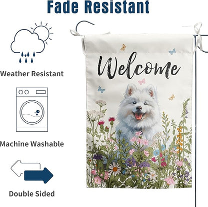 Floral Samoyed Garden Flag Spring Summer Yard Flag Flower Dog Garden Flags for Outside Small Outdoor Welcome Flags 12x18 Double Sided