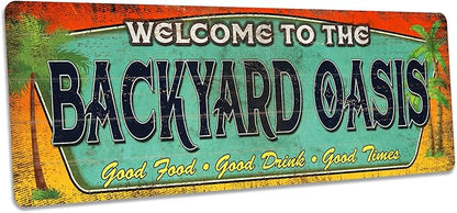Chico Creek Signs Backyard Oasis Welcome Sign Barbecue Family Room Gift 8"x24" Premium Aluminum Tropical Style