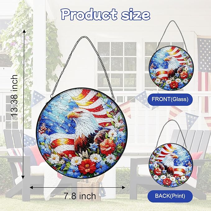 Stained Glass Window Hanging, 4th of July Patriotic Eagle Suncatcher, 250th Anniversary Ornament, Independence Day Decor for Home Garden Porch Patio, Birthday Housewarming Gift, 7.8 Inch