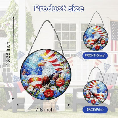 Stained Glass Window Hanging, 4th of July Patriotic Eagle Suncatcher, 250th Anniversary Ornament, Independence Day Decor for Home Garden Porch Patio, Birthday Housewarming Gift, 7.8 Inch