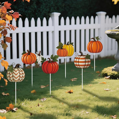 Shimeyao 6 Pcs Metal Thanksgiving Fall Pumpkin Garden Stakes Harvest Metal Garden Signs 12 Inch Pumpkin Autumn Yard Stakes Outdoor Decor for Home Lawn Porch Holiday Front Backyard