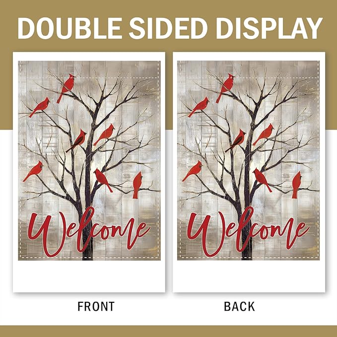 Vintage Cardinal Tree Welcome Decorative Garden Flag, Retro Memorial Red birds Small Yard Outside Decorations, Farmhouse Rustic Burlap Outdoor Home Decor Double Sided 12 x 18