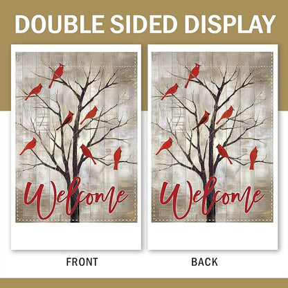 Vintage Cardinal Tree Welcome Decorative Garden Flag, Retro Memorial Red birds Small Yard Outside Decorations, Farmhouse Rustic Burlap Outdoor Home Decor Double Sided 12 x 18