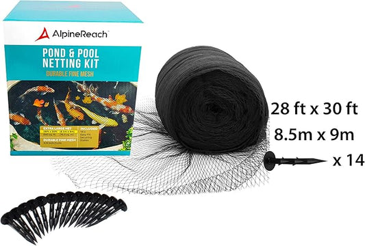 AlpineReach Koi Pond Netting Kit 28 x 30 ft Black Heavy Duty Woven Fine Mesh Net Cover for Leaves - Protects Koi Fish from Blue Heron Birds, Cats & Predators – Reusable & Stakes Included