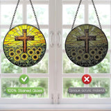 Stained Glass Window Hanging, 8 Inch Stained Glass Cross Sunflower Suncatcher, Christian Sun Catchers Indoor Window, Flower Cross Religious Home Garden Decor, Easter Faith Christian Gifts for Women
