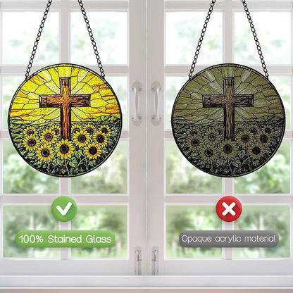 Stained Glass Window Hanging, 8 Inch Stained Glass Cross Sunflower Suncatcher, Christian Sun Catchers Indoor Window, Flower Cross Religious Home Garden Decor, Easter Faith Christian Gifts for Women