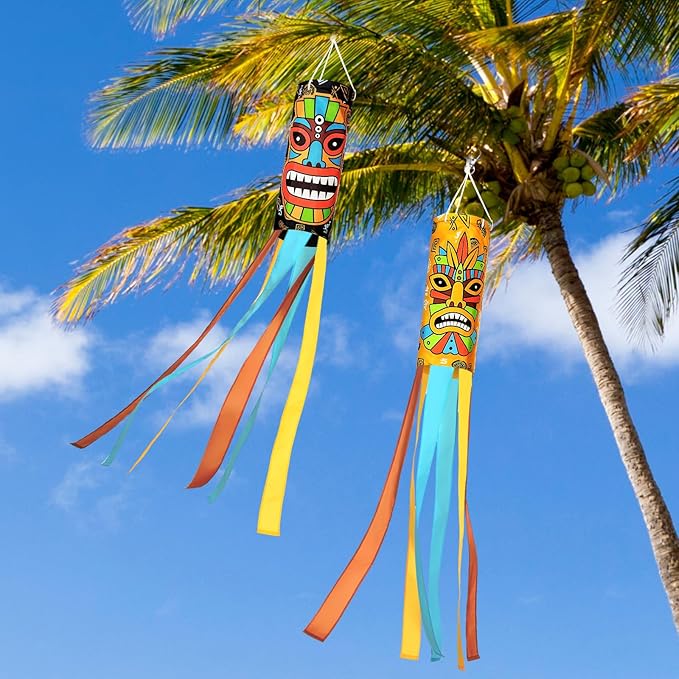 Relaxweex 2 Pcs Tiki Party Decorations 40 Inch Hawaiian Windsocks Tiki Outdoor Decorations Luau Tropical Windsock Hawaiian Hanging Decor for Birthday Summer Jungle Party Decoration Hawaii Bar Supplies
