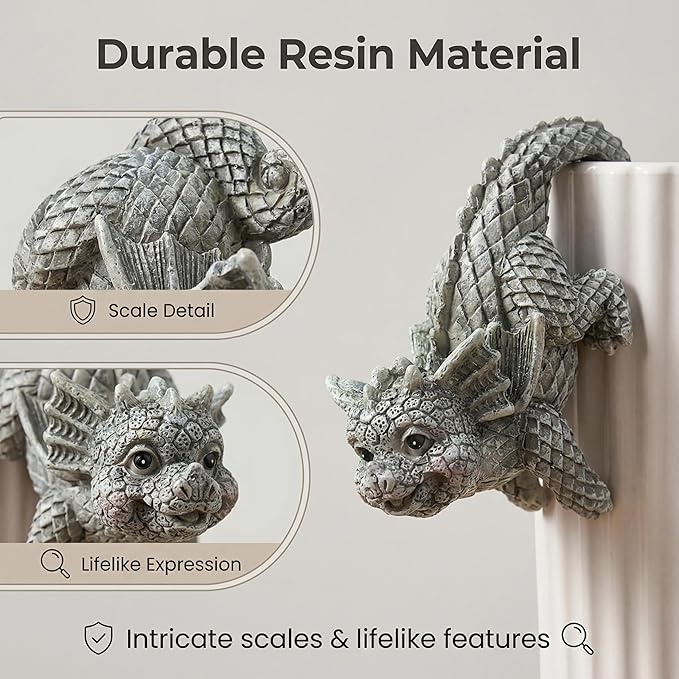 4-Piece Dragon Statue Set for Outdoor Decor Hanging & Climbing Dragon Figurines, Resin Pot Hugger Sculpture for Planters & Vases, Lawn Patio Yard Ornaments and Dragon Decorations