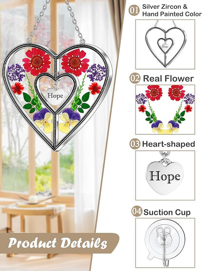 KY&BOSAM Heart Suncatchers Hope Stained Glass Hangings for Windows Sun Catcher with Unique Pressed Real Flower in Heart for Home Garden Decor Birthday Gifts for Women Mothers Day Christmas Ornament
