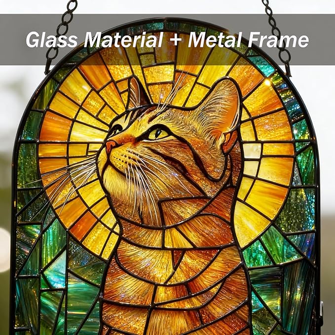 Stained Glass Window Hanging, Curious Orange Tabby Suncatcher for Window Door Wall Kitchen Office Garden Porch Decoration, Gifts for Women, Men, Mom, Father, Mother's Day Birthday