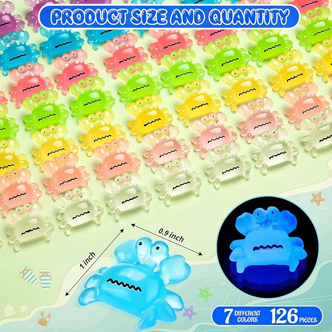 126PCS Luminous Mini Resin Crabs Cute Crab Figurines Glow in The Dark, Tiny Miniature Crabs Animals for Micro Moss Landscape Dollhouse Pots DIY Crafts Hidden Game (7 Colors)