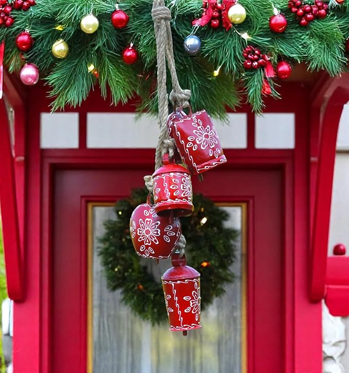 Cow Bell Wind Chime 25” Long- 5 Rustic Jingle Bells for Christmas Decor, Garden, Door Knob, Porch, Farmhouse, Meditation, Boho Hanging Bells, Metal Vintage Chime for Outdoor & Indoor (Red)