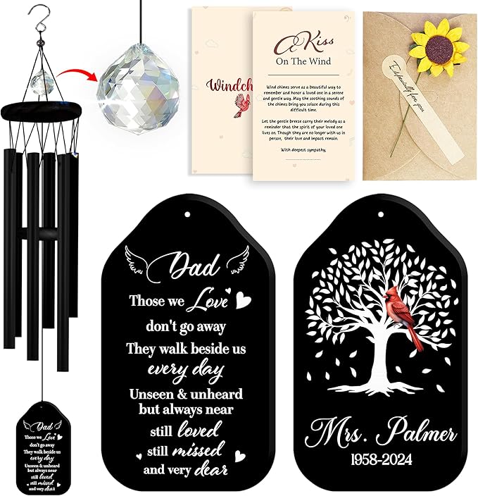 Personalized Dad Cardinal Memorial Crystal Wind Chimes Remembrance Sympathy Ornament Keepsake in Memory of Papa Daddy Father-in-Law Custom Name Bereavement Condolence Gift for Window Garden Hanging