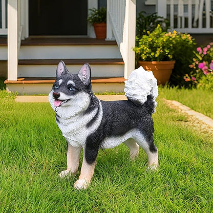 Solar Akita Garden Statue with Lantern & Double-Sided Sign - Outdoor Dog Decor for Yard, Patio, Porch - Resilient Resin Puppy Sculpture, Auto On/Off Solar Path Lights - Dog Memorial Gift