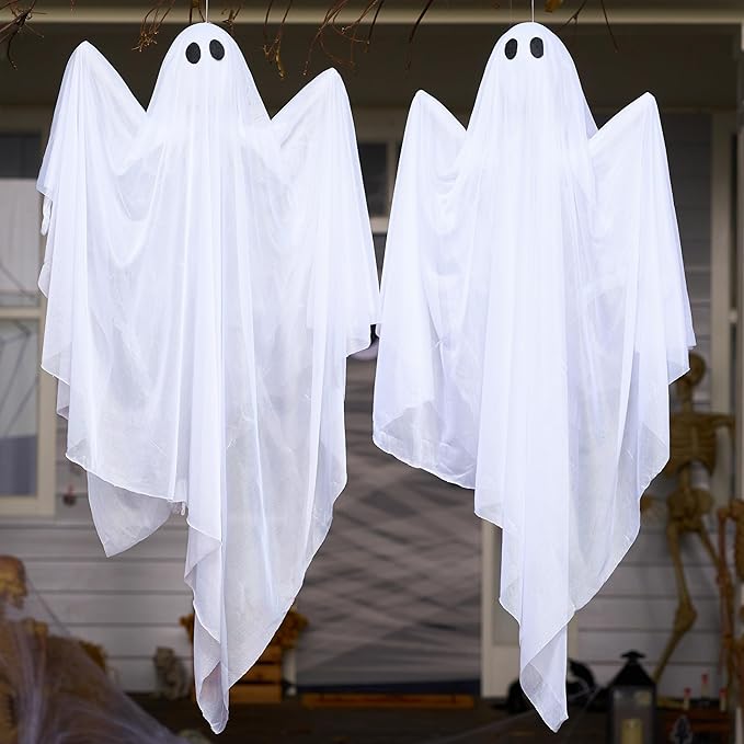 JOYIN 47” Halloween Hanging Light up Ghost Decoration Outdoor with Purple LED Light, 2 Pcs Halloween White Hanging Ghost for Haunted House Prop, Party Supplies, Front Yard Patio Garden Decor