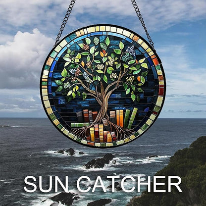 Stained Glass Window Hanging Green Life Tree Berry Book 6.3" - Blue Suncatcher Door Garden Sun Catcher Home Decor Birthday Christmas for Mom Men Woman Nana Friend